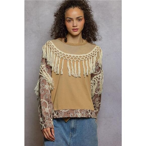 POL Contrast Floral Embroidery Balloon Sleeve Top with Tassel Trim - Picture 2 of 5